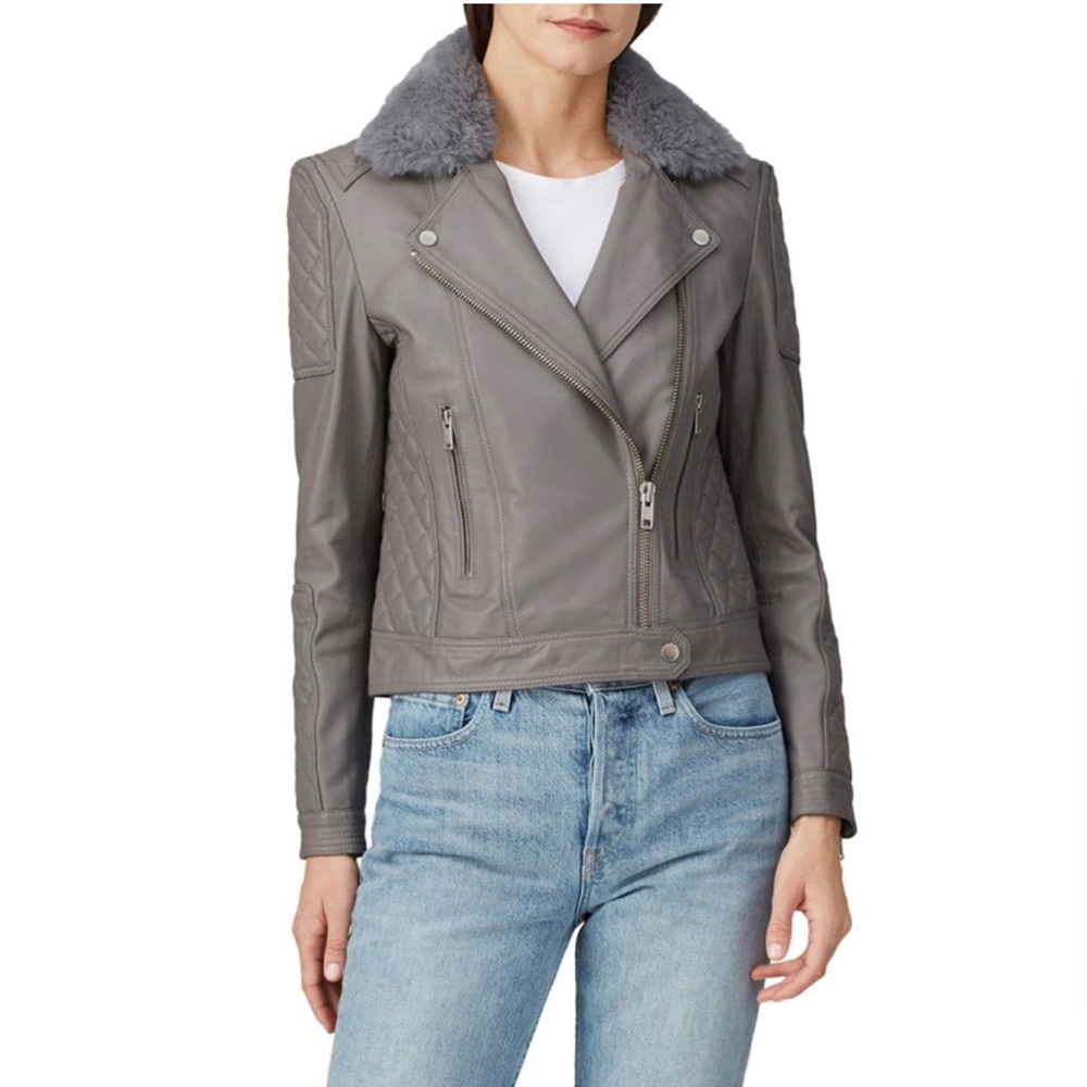 NWT Samantha Sipos 100% Genuine Leather Quilted Jacket - Grey